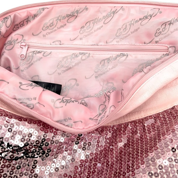 Vintage Ed Hardy Y2K Kim Tote Large Crossbody Bag Pink Sequin Rose Tattoo Design - Picture 9 of 12
